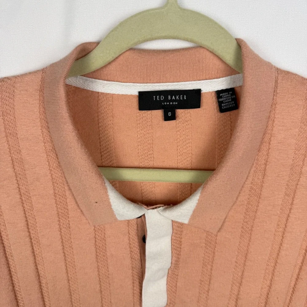 Ted Baker Peach Ribbed Short Sleeve Sweater Collared Polo XXL Coastal Old Money